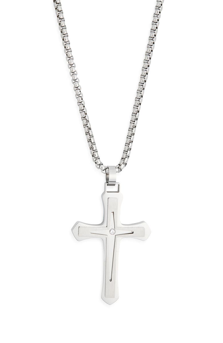 NORDSTROM RACK Men's Waterproof Large Cross CZ Pendant Necklace, Alternate, color, Stainless