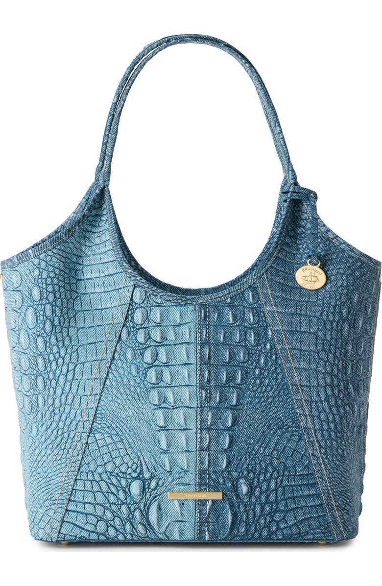 Brahmin Melora Croc Embossed Denim Look Leather Tote, Main, color,