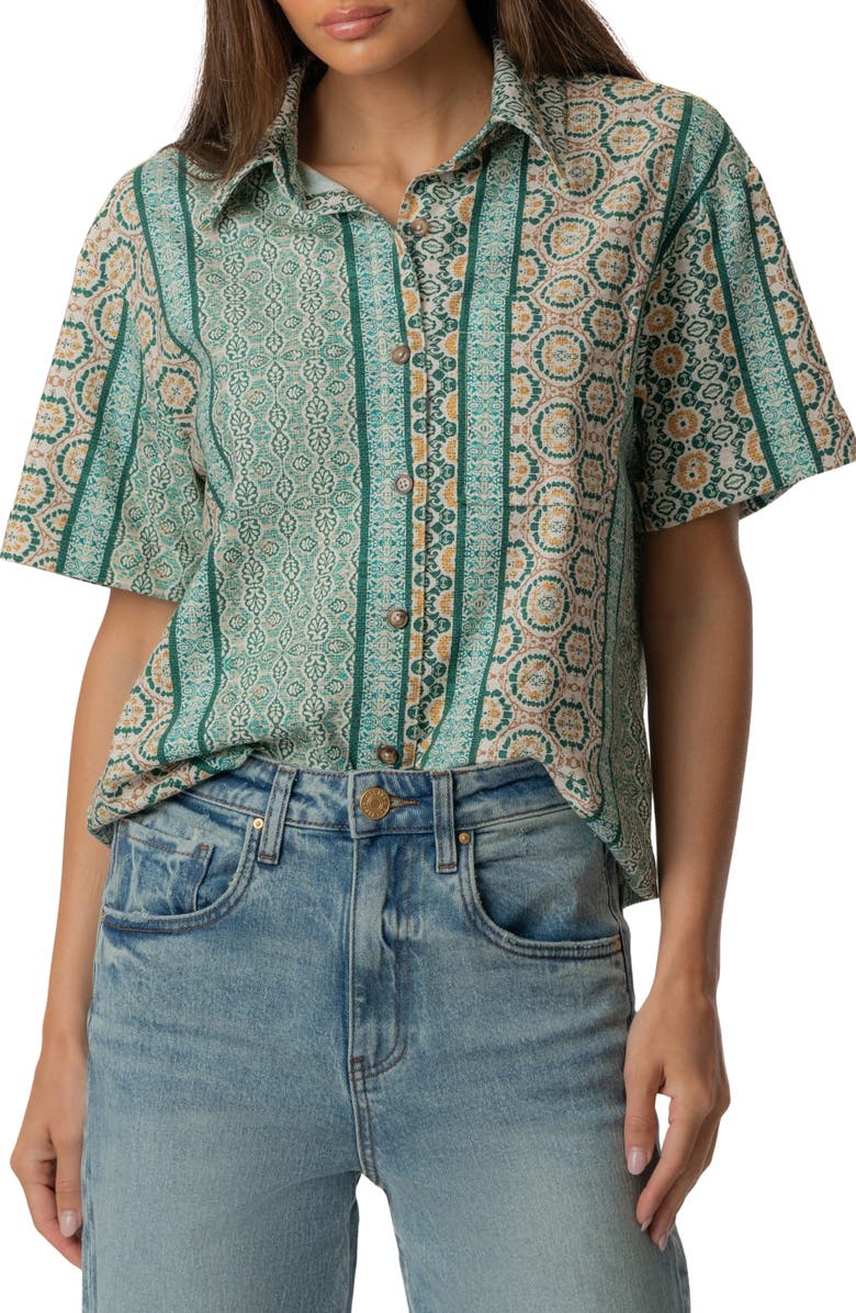 KUT from the Kloth Aida Stretch Cotton Blend Short Sleeve Button-Up Top, Main, color, Canterbury-Jungle/ Sand