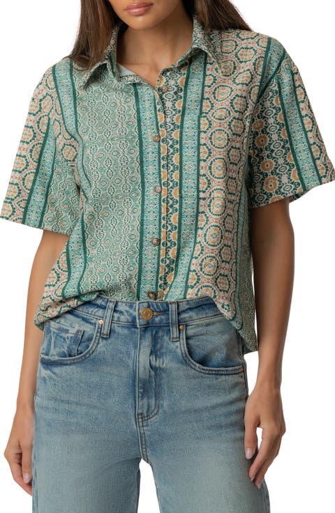 Aida Stretch Cotton Blend Short Sleeve Button-Up Top