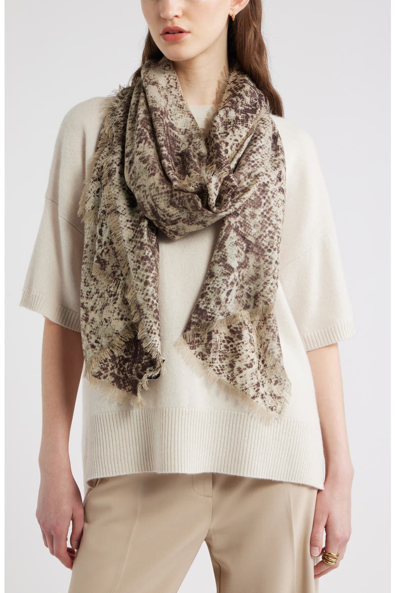 Eyelash Trim Print Cashmere & Silk Wrap, Main, color, TAN SLITHERING STRIPE