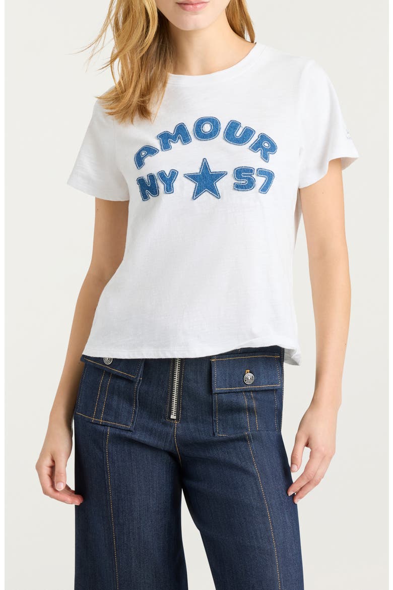 Amour 57 Appliqué Cotton Shrunken Tee, Main, color, WHITE/ MEDIUM WASH