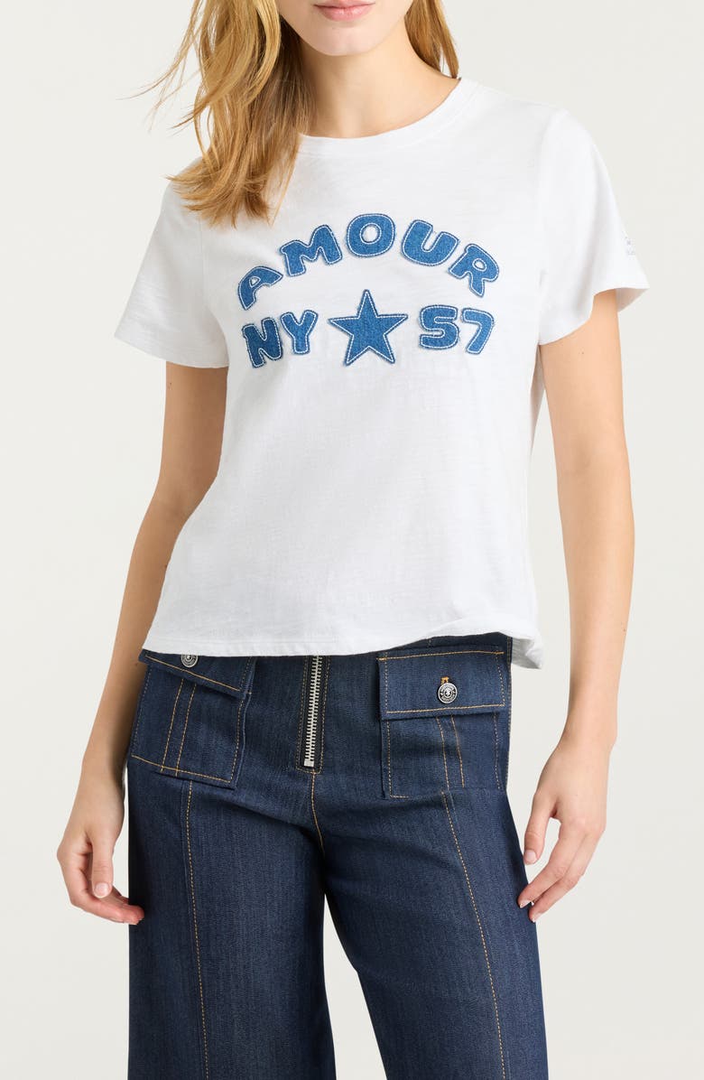 Cinq à Sept Amour 57 Appliqué Cotton Shrunken Tee, Main, color, White/ Medium Wash