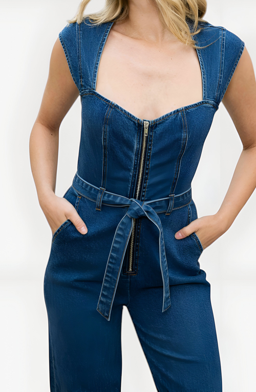 Modenaire Denim Zip Front Belted Sweetheart Neckline Wide-leg Jumpsuit In Blue