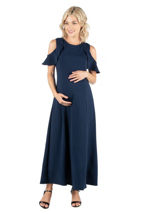 24seven Comfort Apparel Plus Size Ruffle Cold Shoulder A Line Maxi Dress In Blue