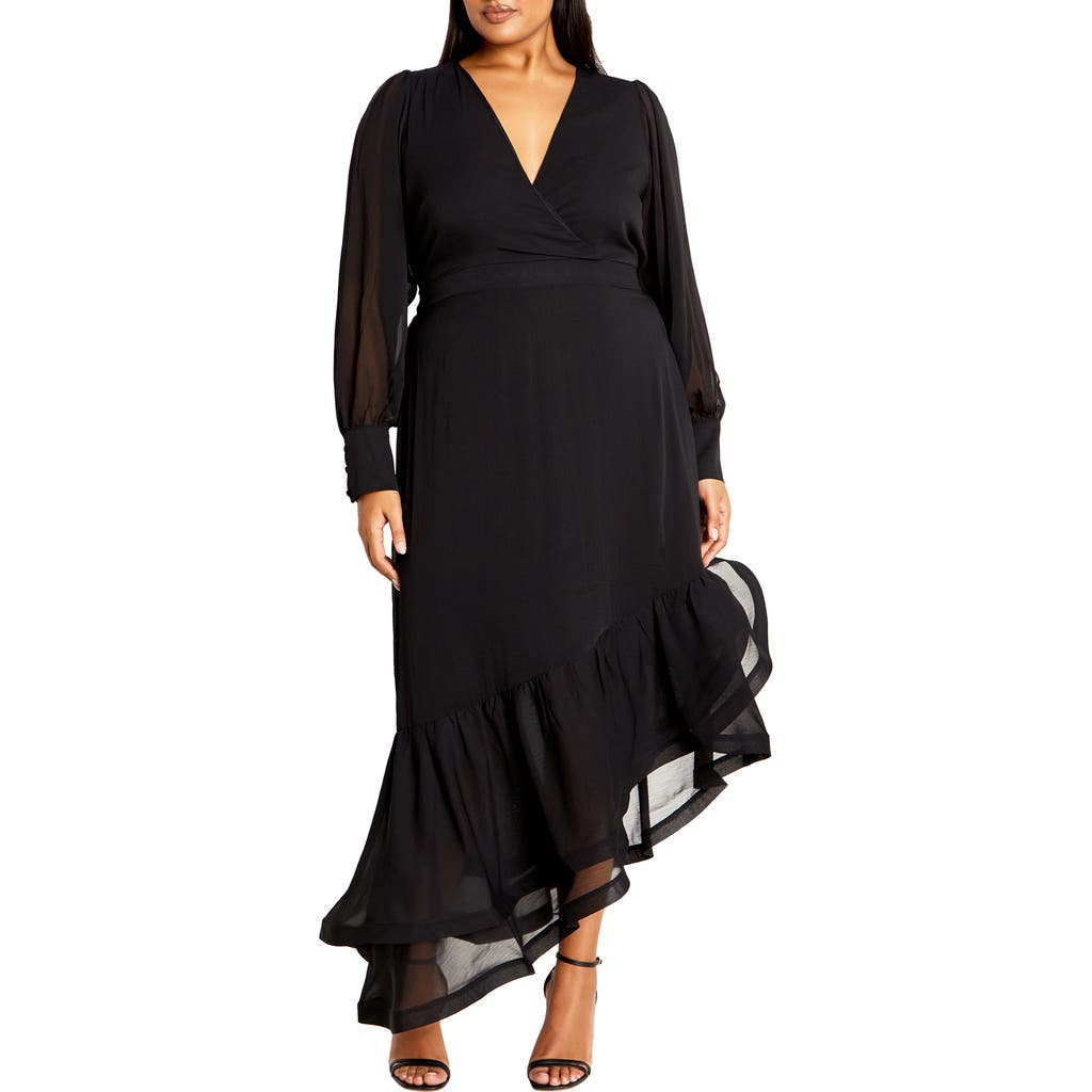 City Chic Antoinette Long Sleeve Asymmetric Midi Dress in Black