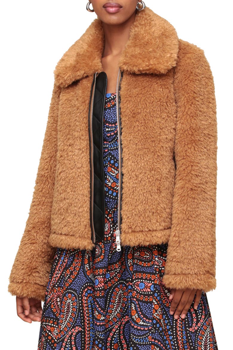 Faux Fur Zip-Up Jacket, Main, color, CAMEL