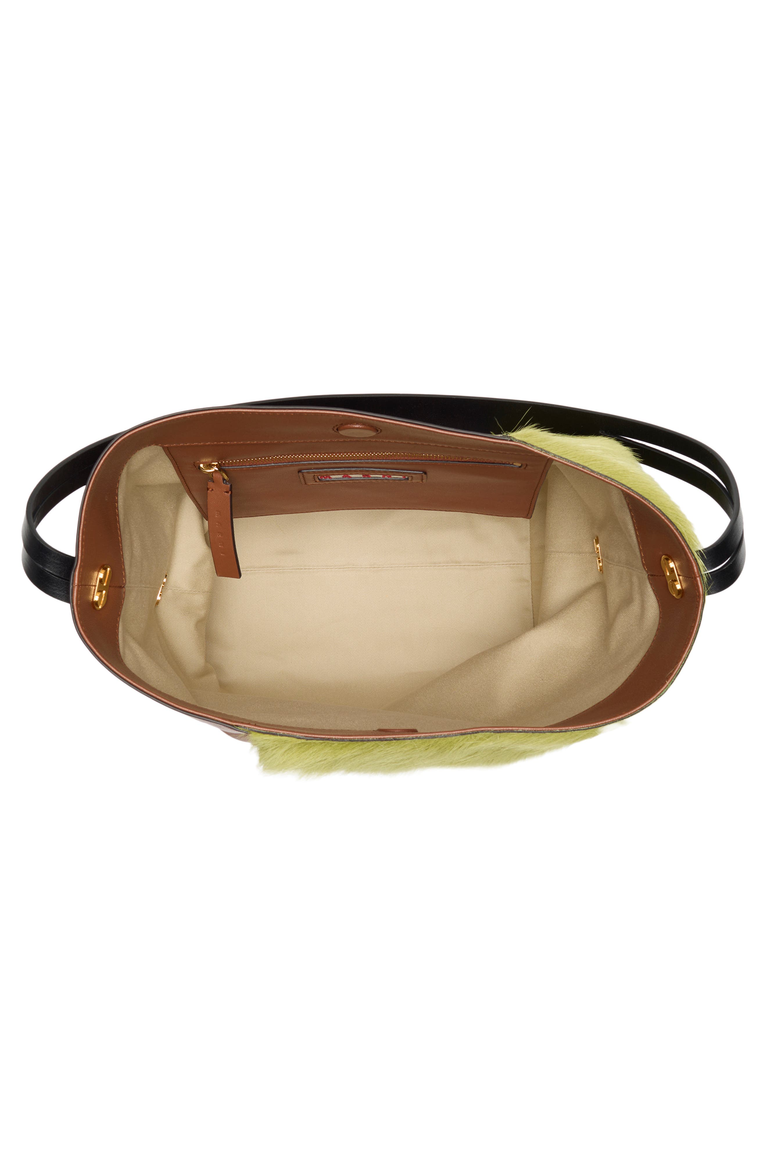 Marni Small Leather & Genuine Calf Hair Hobo Bag, Alternate, color, Zp051 Citronelle/ Moca/ Black