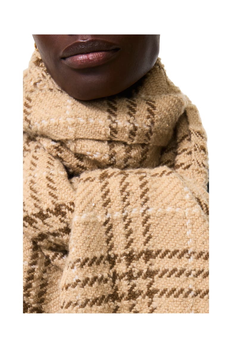 Embellished Check Bouclé Scarf, Alternate, color, Finch beige