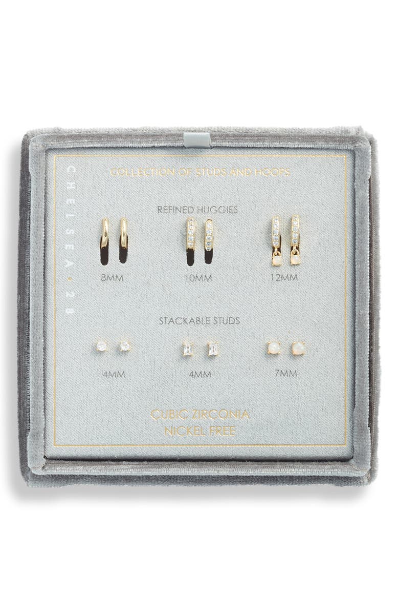 Chelsea28 Set of 6 Opal & Cubic Zirconia Earrings, Alternate, color, Clear- Opal- Gold