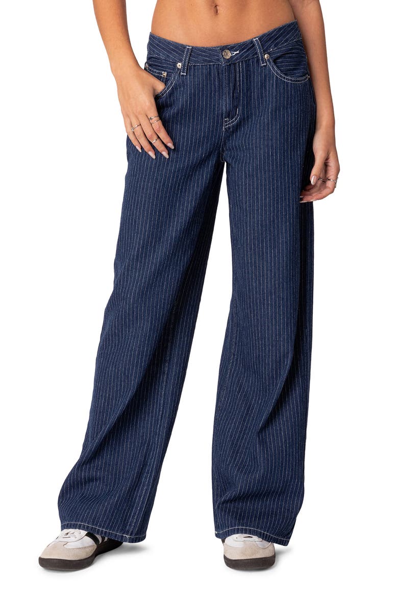 Pinstripe Wide Leg Low Rise Jeans, Main, color, NAVY