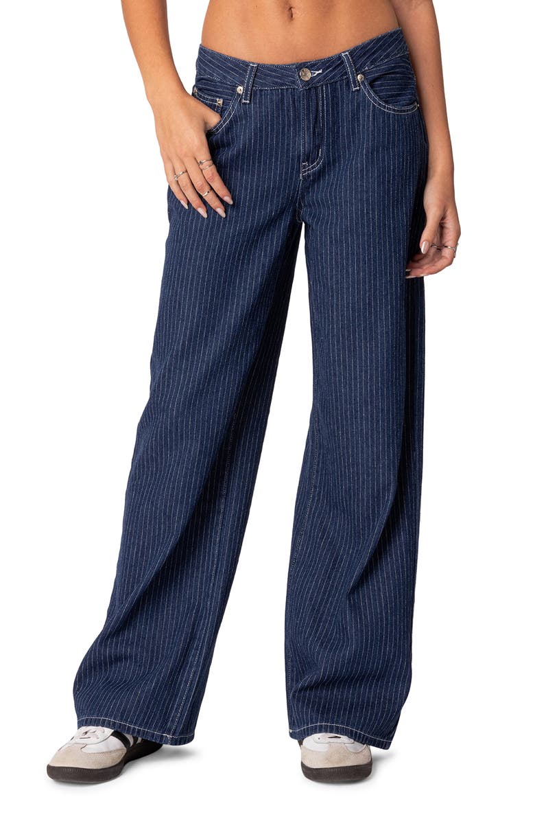 EDIKTED Pinstripe Wide Leg Low Rise Jeans, Main, color, Navy