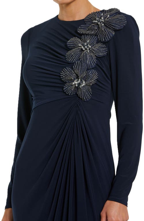Mac Duggal Jersey Long Sleeve Fitted Gown With 3d Flowers In Midnight
