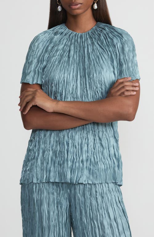 Lafayette 148 Iridescent Twill Plissã© Short Sleeve Blouse In Lagoon Green