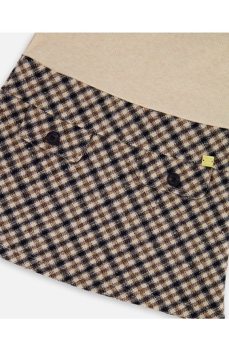 Deux par Deux Long Sleeve Bi-Material Mock Neck Dress and Plaid, Alternate, color, Beige