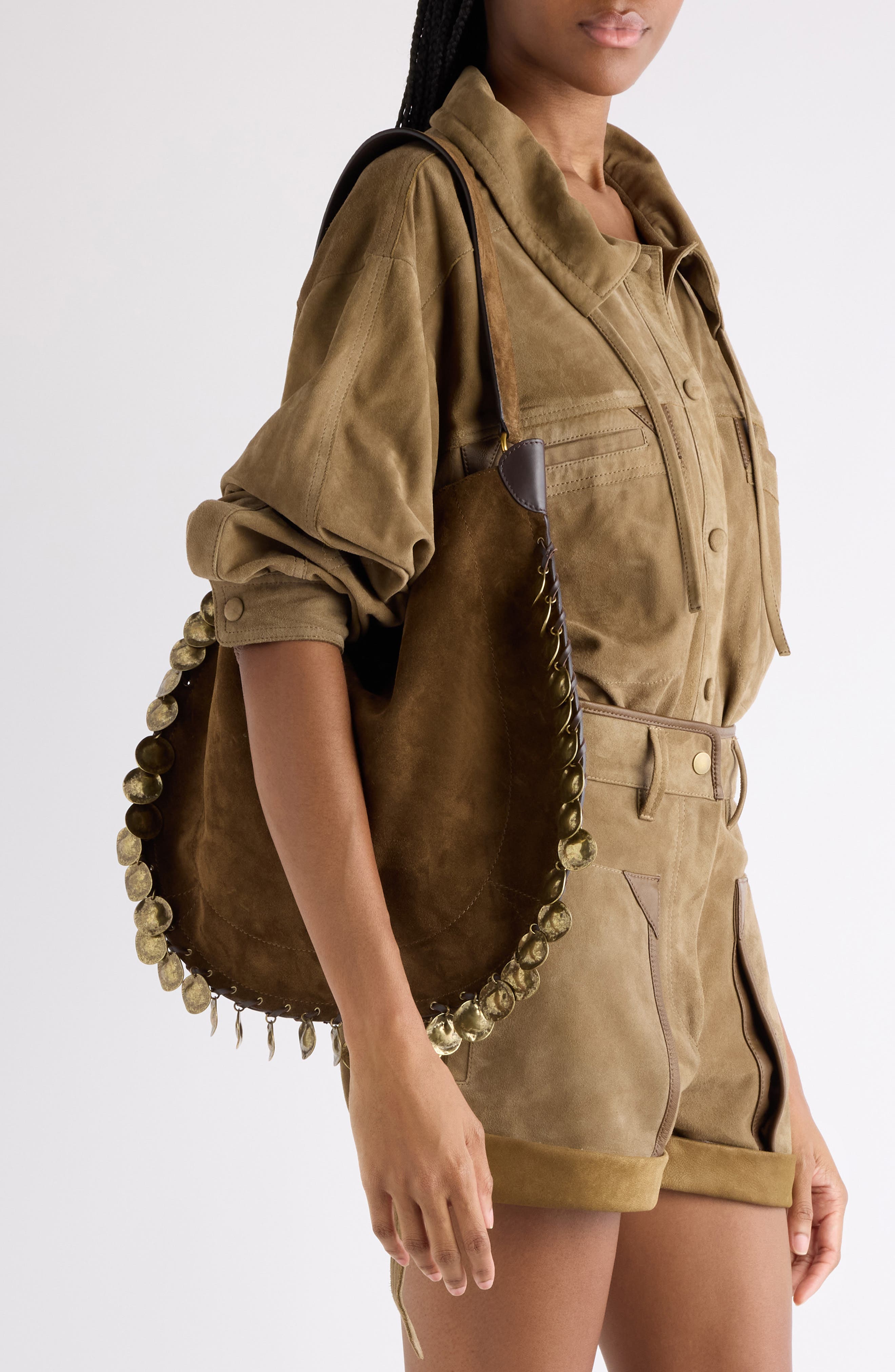 Isabel Marant Oskan Soft Medallion Suede Hobo Bag, Alternate, color, Bronze