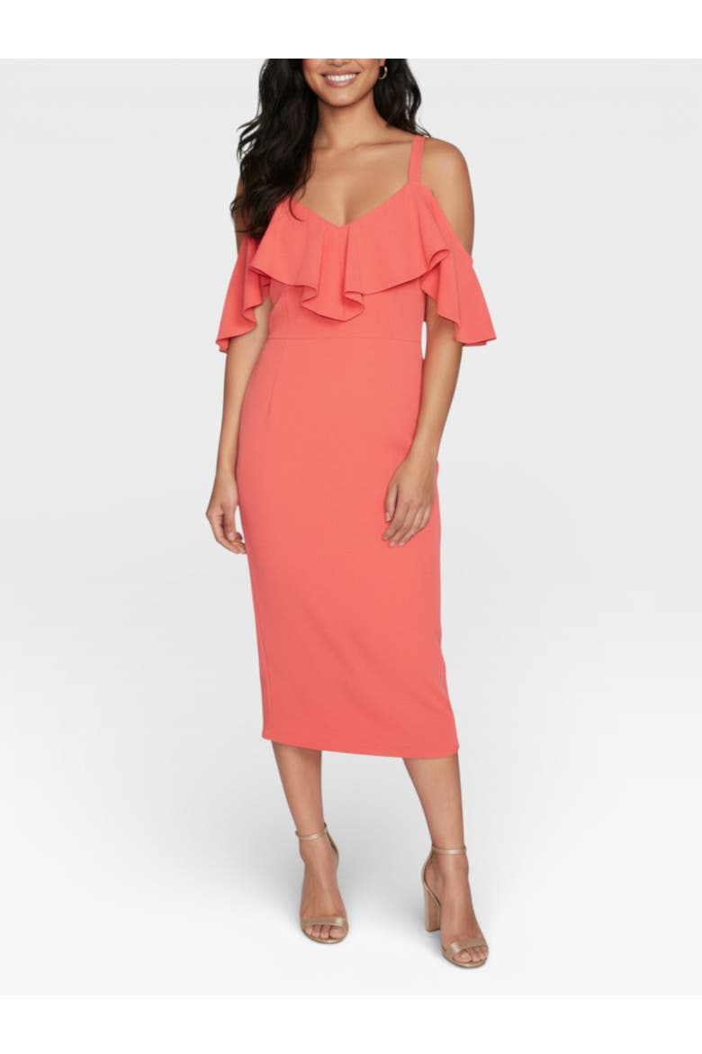 Marcella Off the Shoulder Ruffle Midi Dress, Main, color, Guava