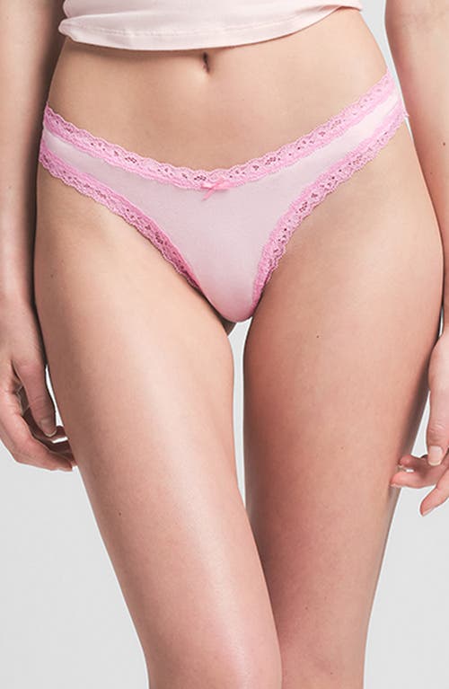 Skims Lightweight Cotton Lace Trim Thong In Cherry Blossom Tonal