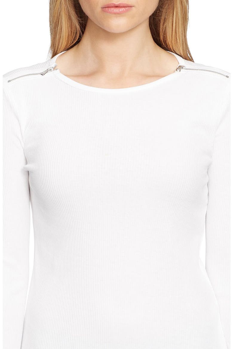Zip Shoulder Rib Knit Cotton Tee, Alternate, color, WHITE