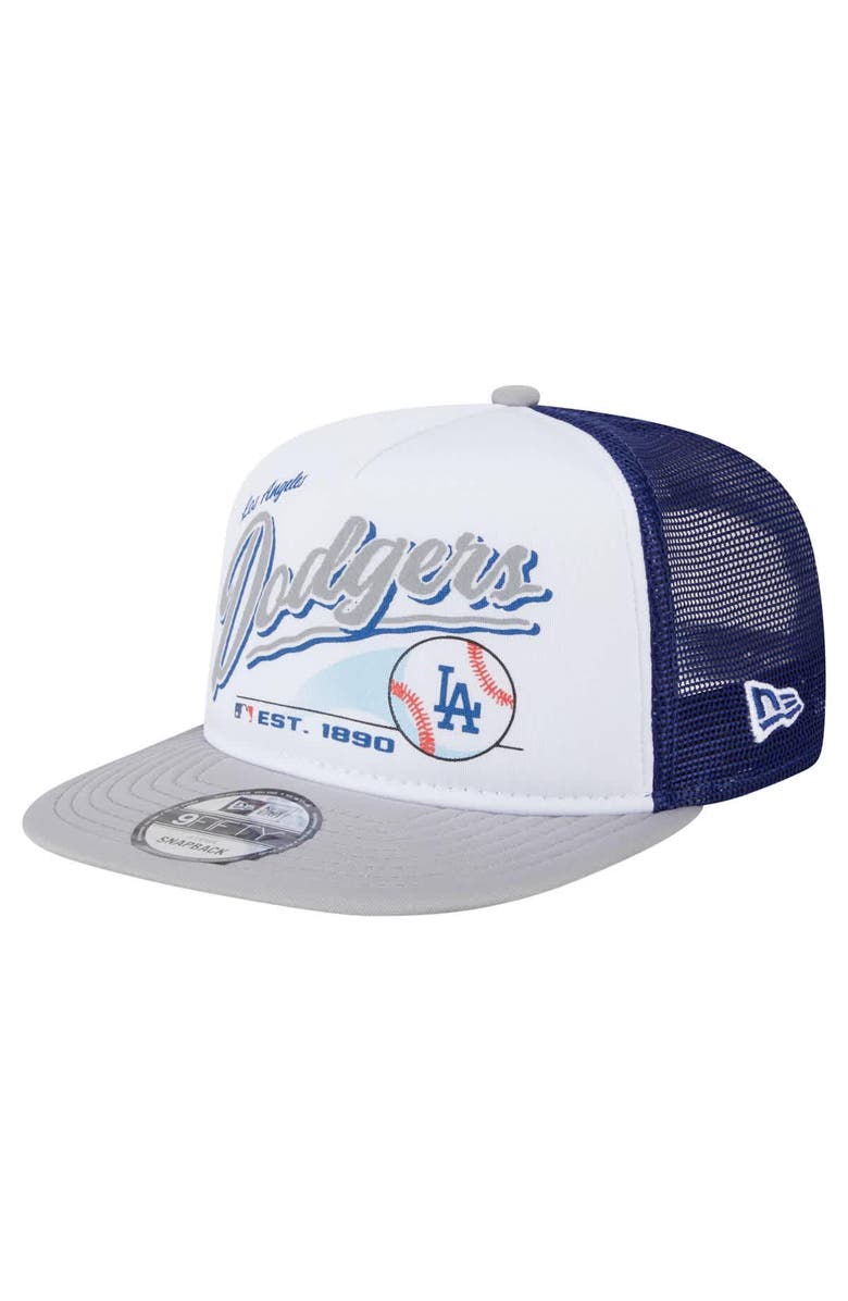 New Era Men's New Era White/Gray Los Angeles Dodgers Retro Script Trucker 9FIFTY Snapback Hat, Main, color, White