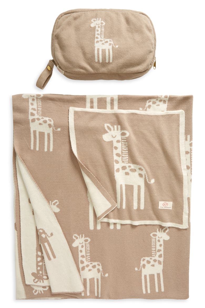 Giraffe Organic Cotton Baby Blanket & Travel Pouch Set, Main, color, STONE/ NATURAL