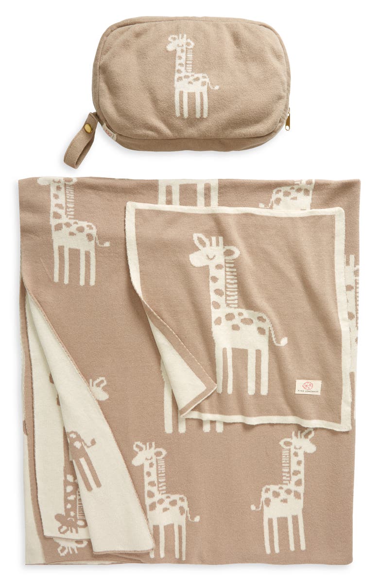Pink Lemonade Giraffe Organic Cotton Baby Blanket & Travel Pouch Set, Main, color, Stone/ Natural