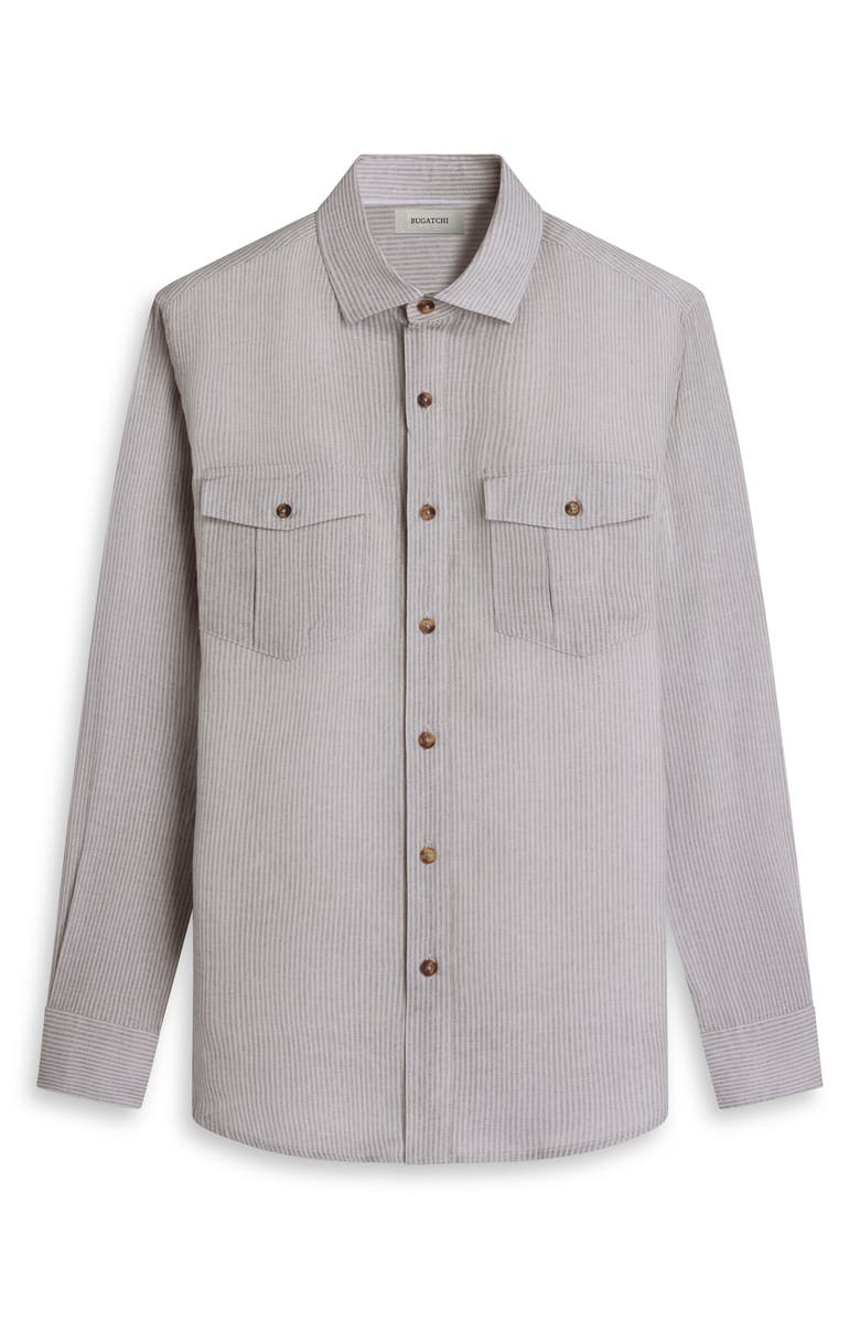 Bugatchi Stripe Shaped Fit Linen Button-Up Shirt, Alternate, color, Khaki