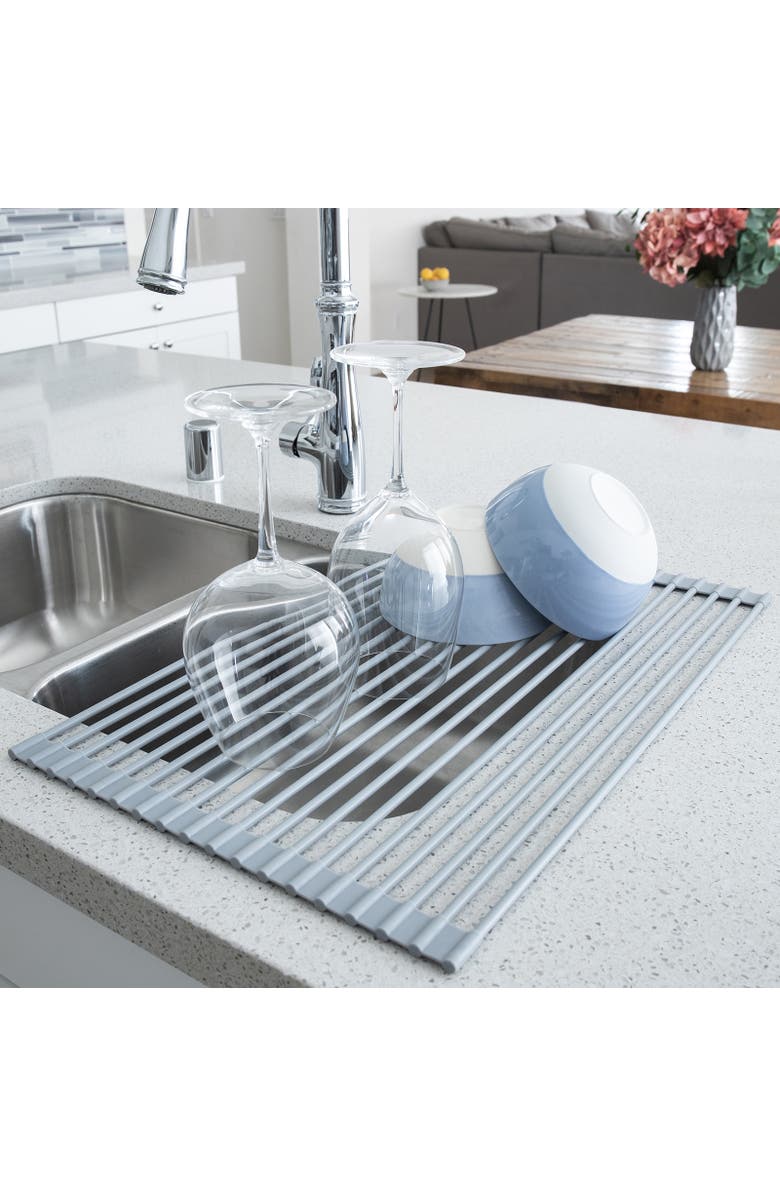 Better Houseware Over the Sink Roll Up Drying Rack, Silicone and Stainless Steel, Alternate, color, Gray