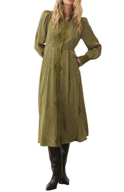 Satin Printed Midi Shirt Dress