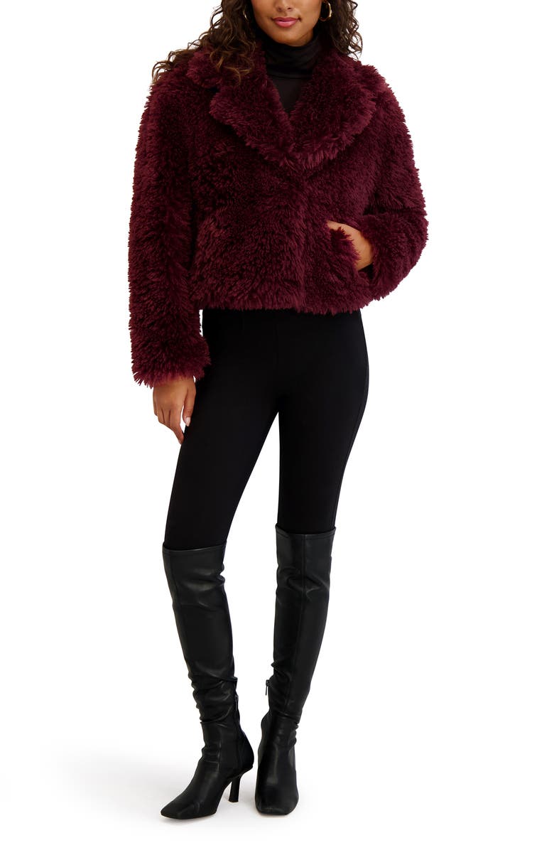 Kensie Faux Fur Crop Jacket, Alternate, color, Wine