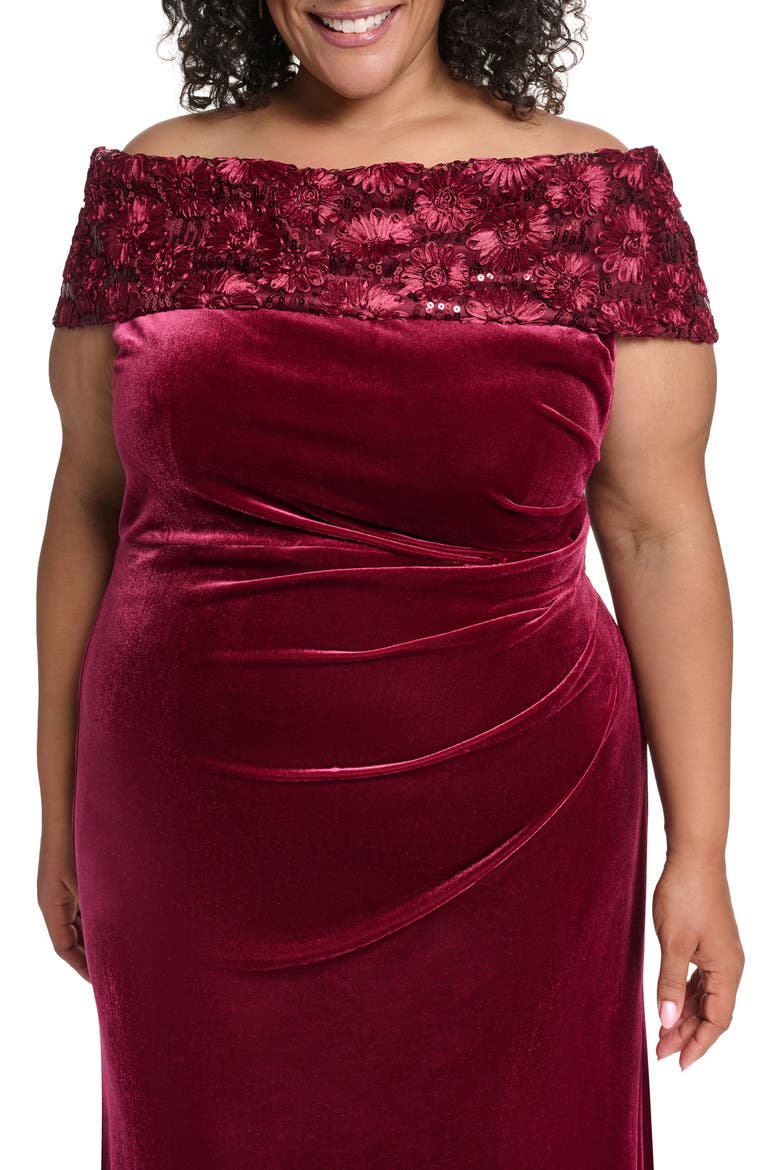 Ruched Off the Shoulder Velvet Gown, Alternate, color, WINE