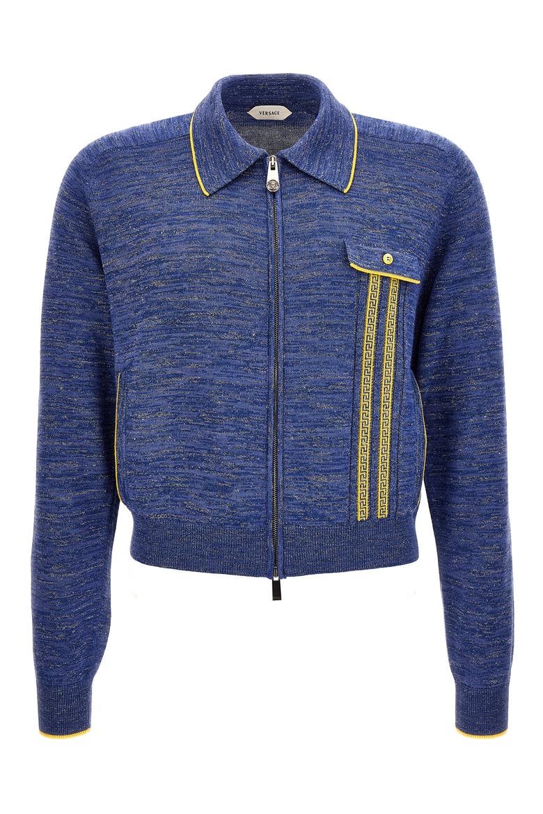 Greca Jacquard Wool & Silk Blend Mouliné Zip Cardigan, Alternate, color, SKY
