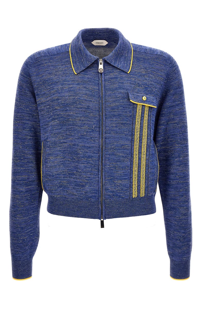 Versace First Line Greca Jacquard Wool & Silk Blend Mouliné Zip Cardigan, Alternate, color, Sky