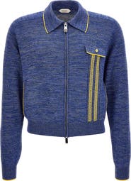 Versace Greca Jacquard Wool & Silk Blend Mouliné Zip Cardigan