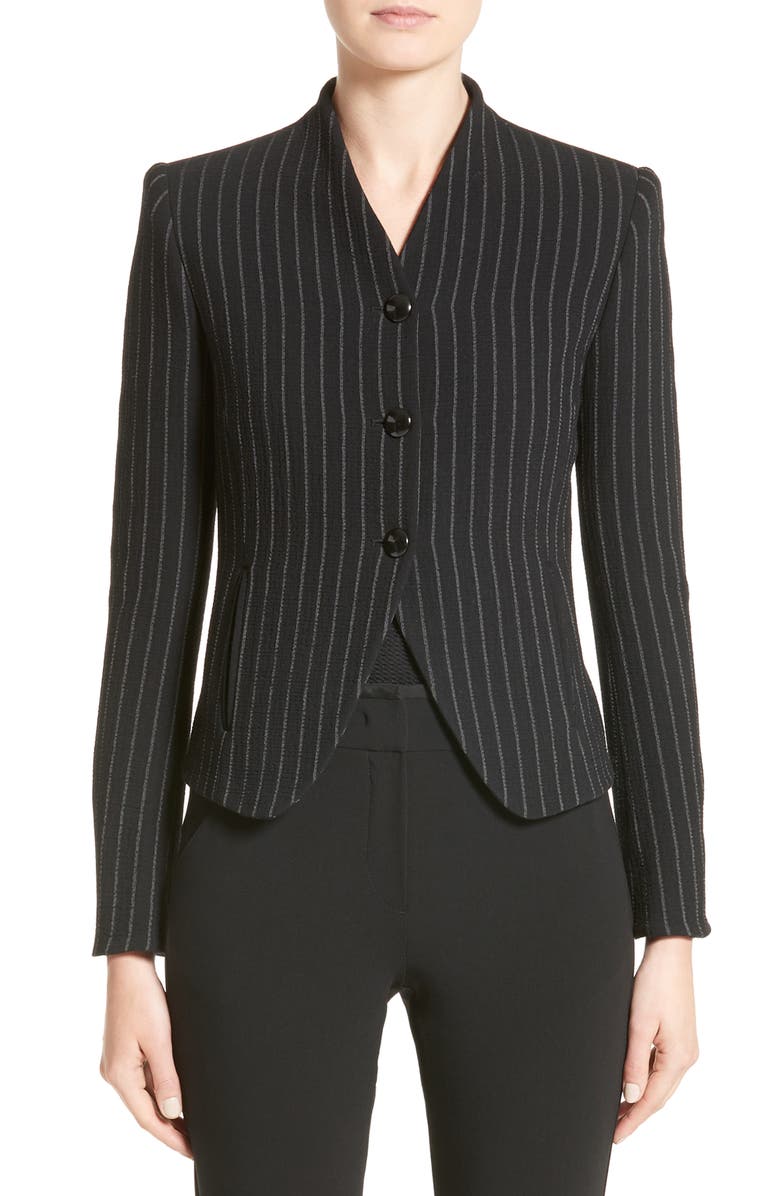 Armani Collezioni Stretch Wool Pinstripe Jacket, Main, color, Black Grey Multi