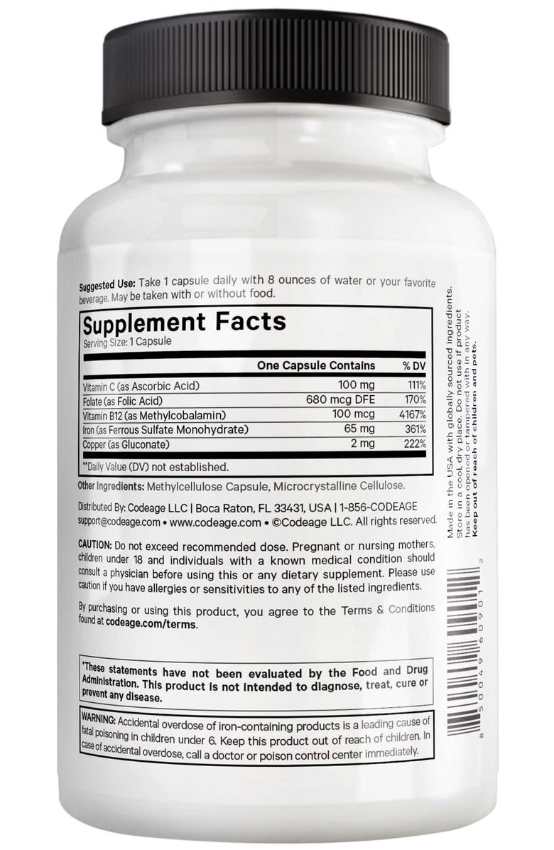 Codeage Amen Iron Ultra + Copper, Folate, Vitamin C & B12, Alternate, color, White