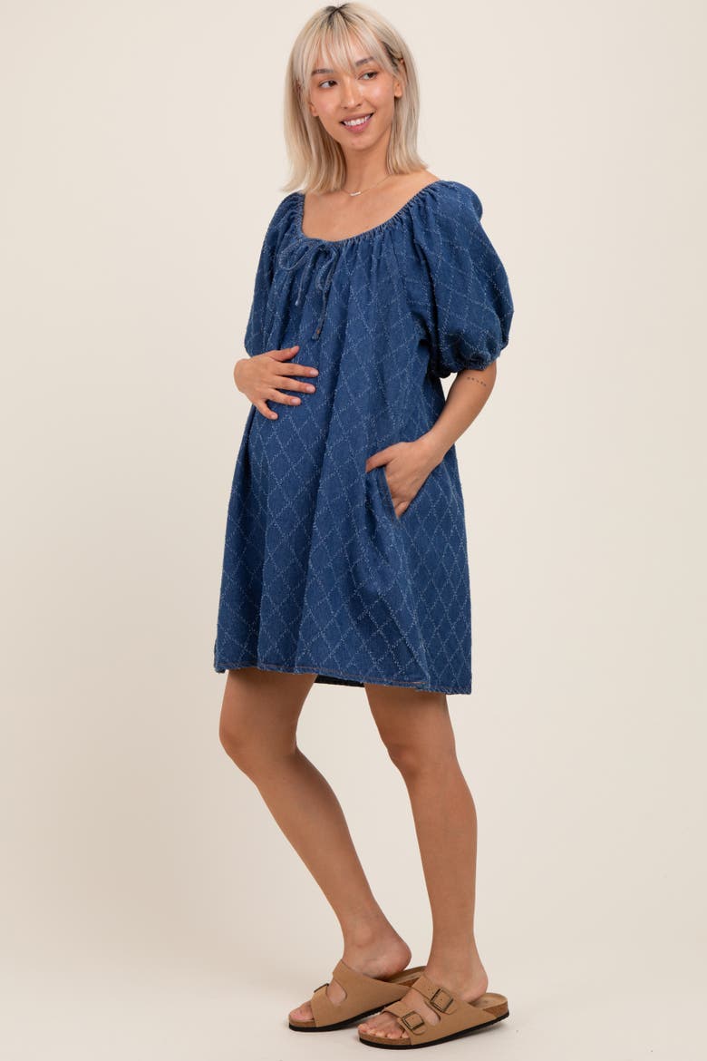 Chambray Jacquard Puff Sleeve Mini Dress, Alternate, color, Navy Blue
