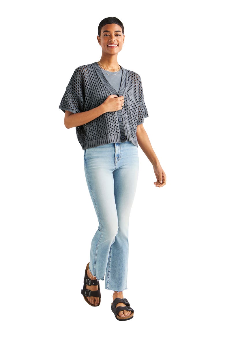 Nova Short Sleeve Cotton Pointelle Cardigan, Alternate, color, STORM