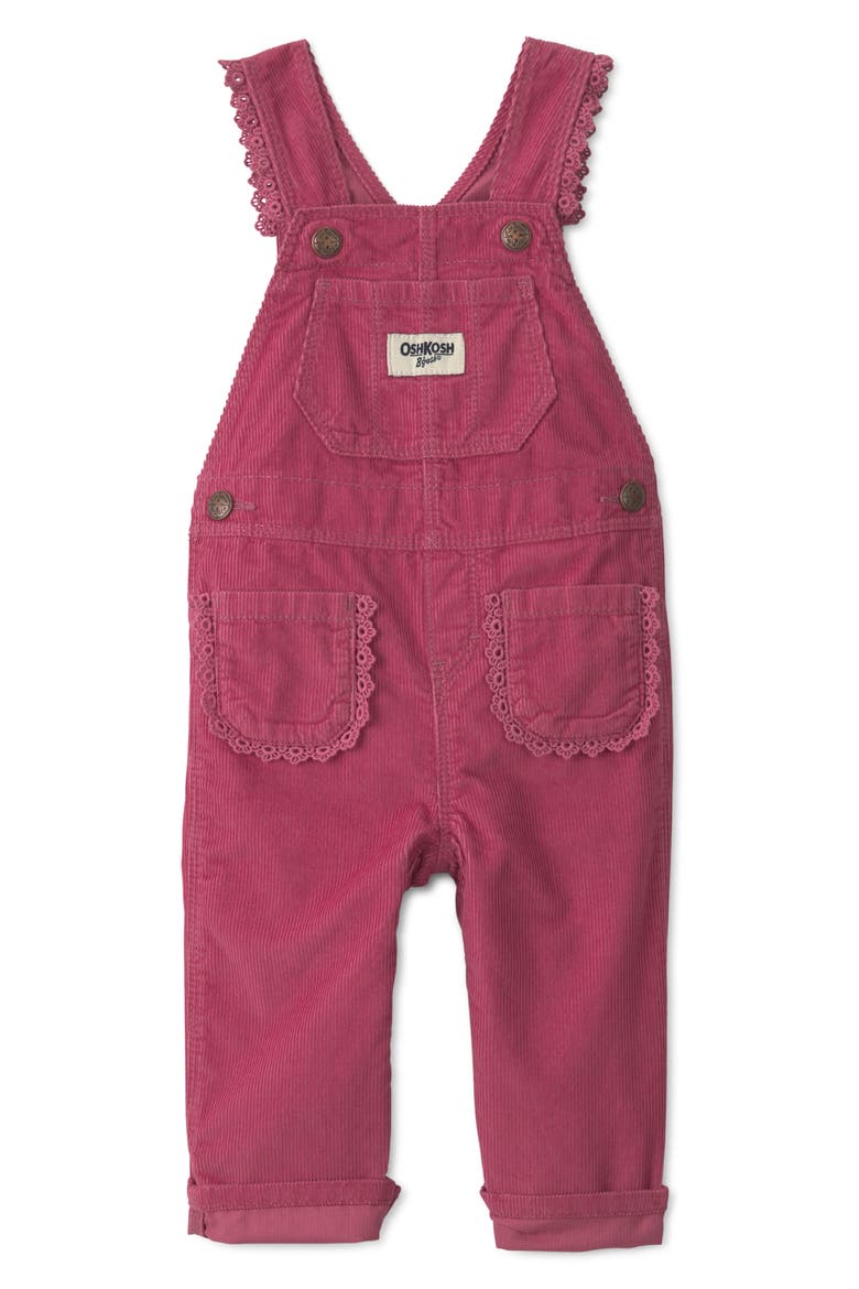 Lace Trim Cotton Corduroy Overalls, Main, color, ROSE XMAS CORD OVERALL
