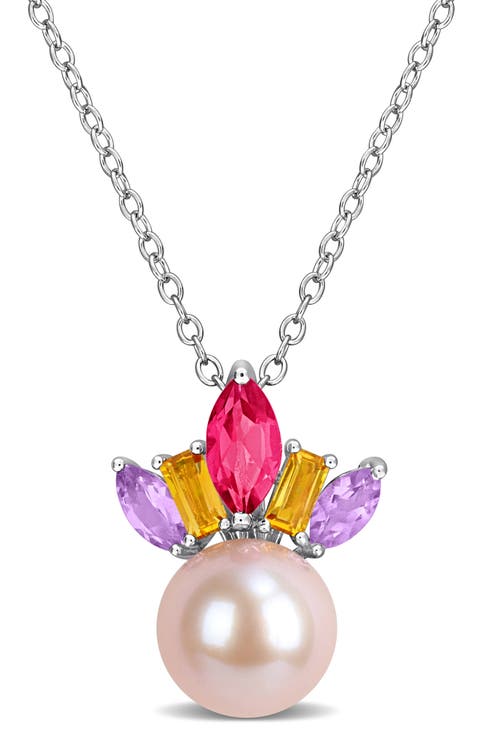 Semiprecious Stone & Pink Cultured Pearl Pendant Necklace