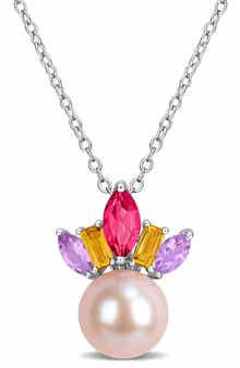 Semiprecious Stone & Pink Cultured Pearl Pendant Necklace