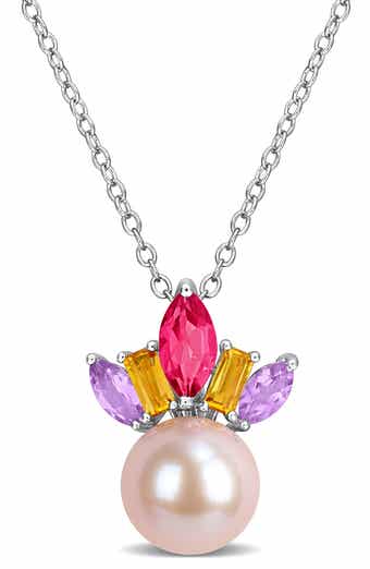 Semiprecious Stone & Pink Cultured Pearl Pendant Necklace