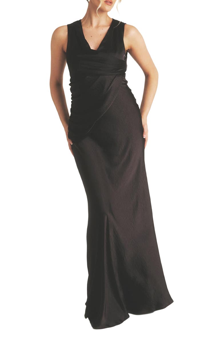 Six Stories Plunge Drape Satin Bridesmaid Dress, Alternate, color, Black