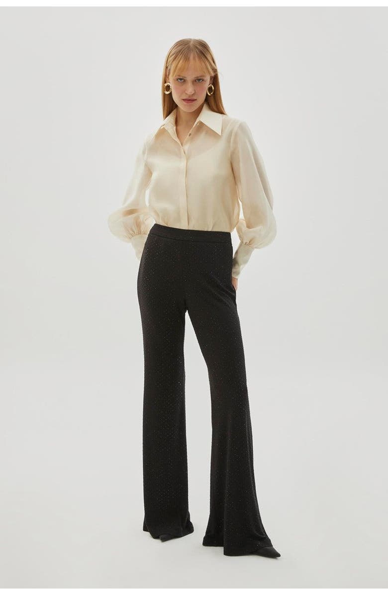 Exquise Slim Sequin Print Flared Knit Pants, Main, color, Black