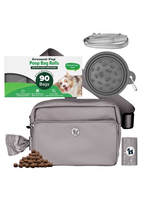 Walk Star Kit 3-in-1 Dog Walk Bag, Bowl, & Leash plus Matching 90 Refill Dog Poop Bags