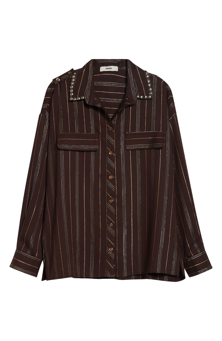 Siedrés Monina Metallic Stripe Button-Up Shirt with Removable Crossbody Pouch, Main, color, Dark Brown