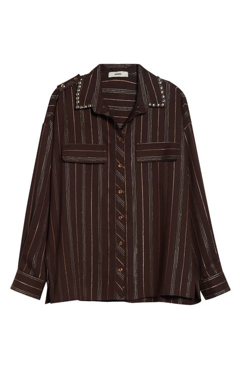 Monina Metallic Stripe Button-Up Shirt with Removable Crossbody Pouch