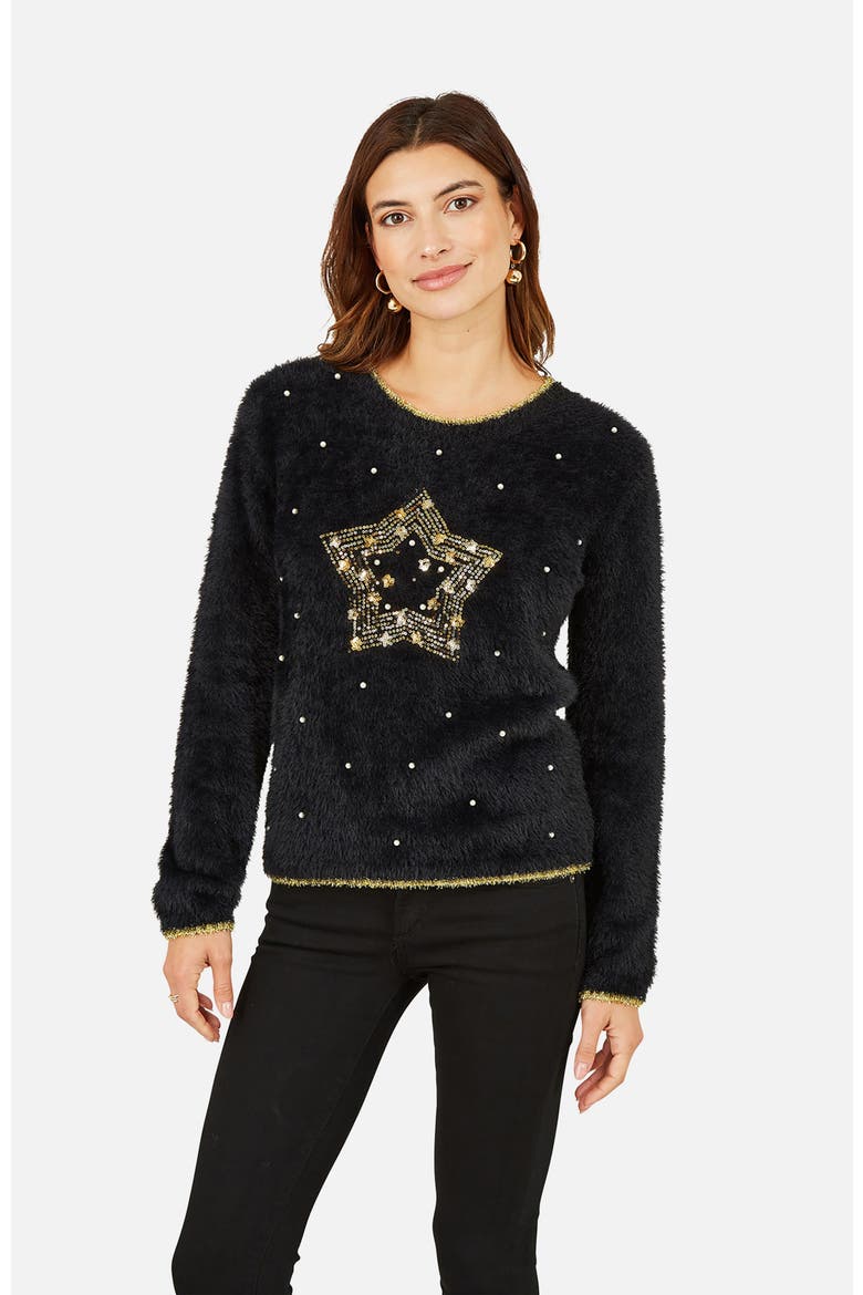 Fluffy Star Holiday Sweater, Main, color, Black
