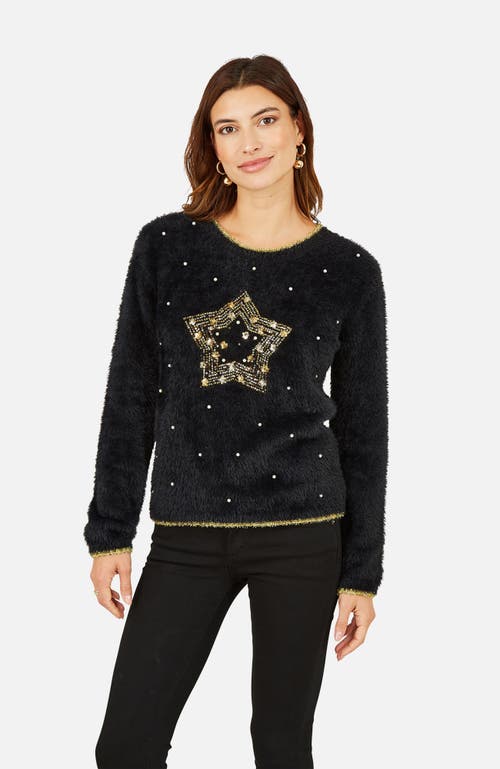 Yumi Fluffy Star Christmas Sweater In Black
