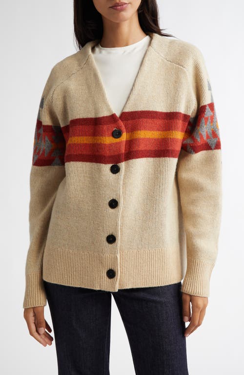 Pendleton Chest Stripe Oversize Lambswool Blend Cardigan in Vintage Tan Multi 